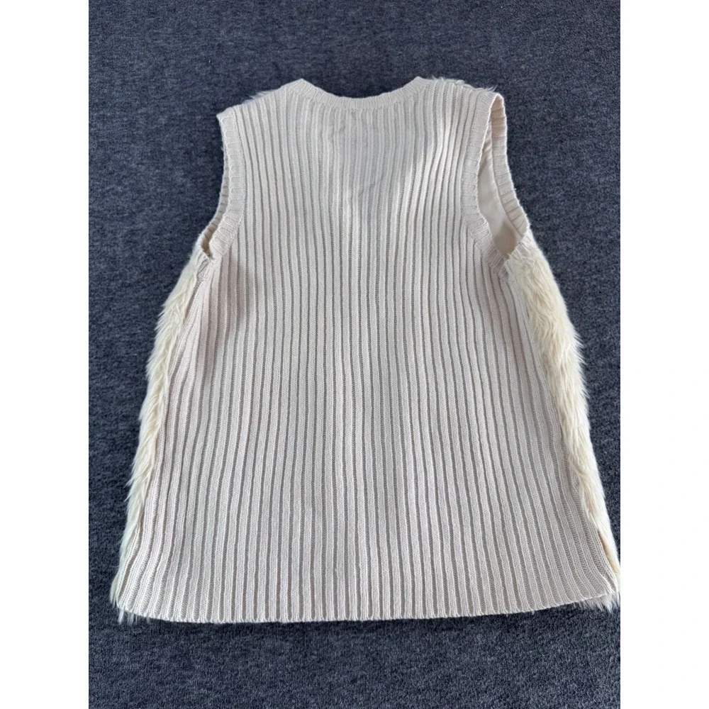 JJ Basics Womens XL Faux Fur Ribbed Knit Back Vest Cream Ivory Open Front Layer